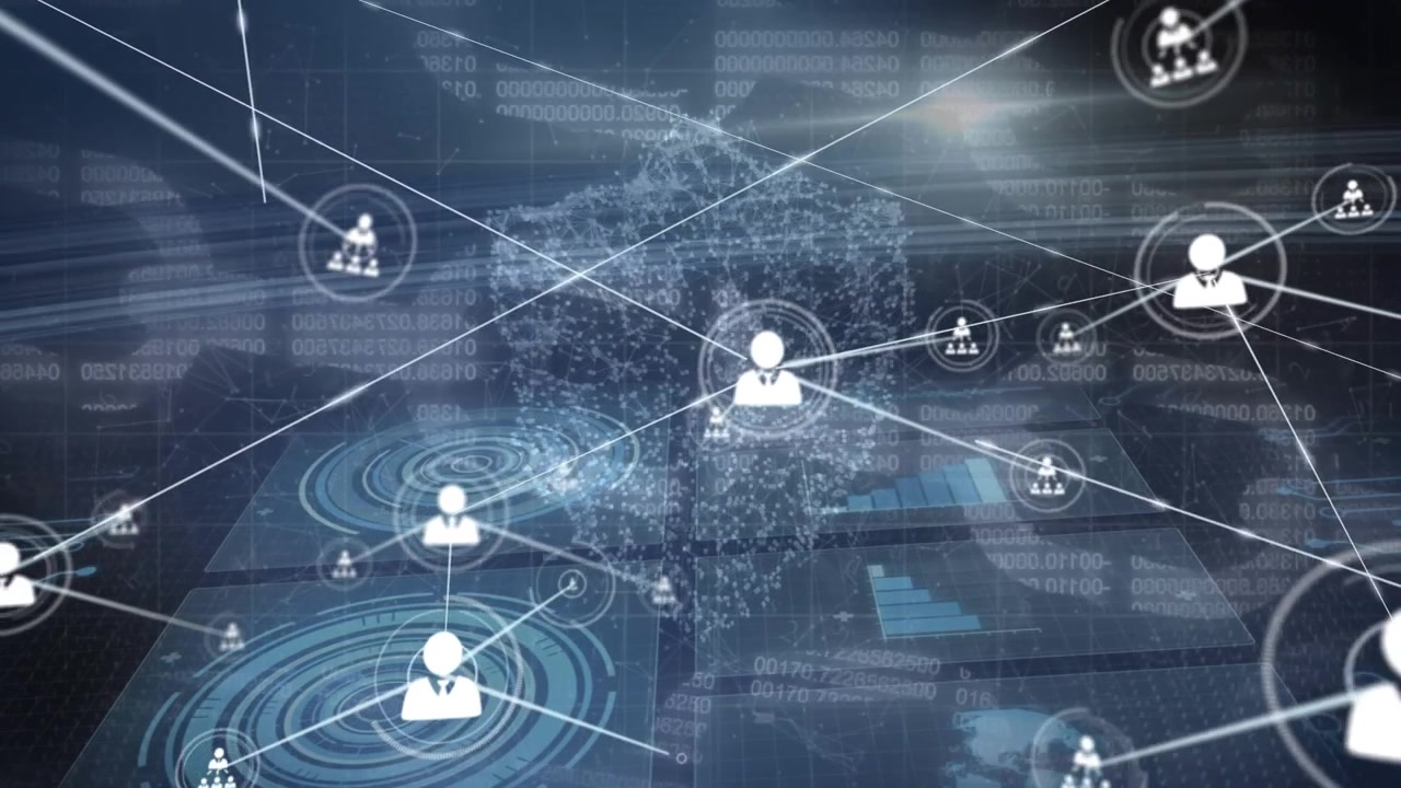Animation of network of connections with icons over digital shield