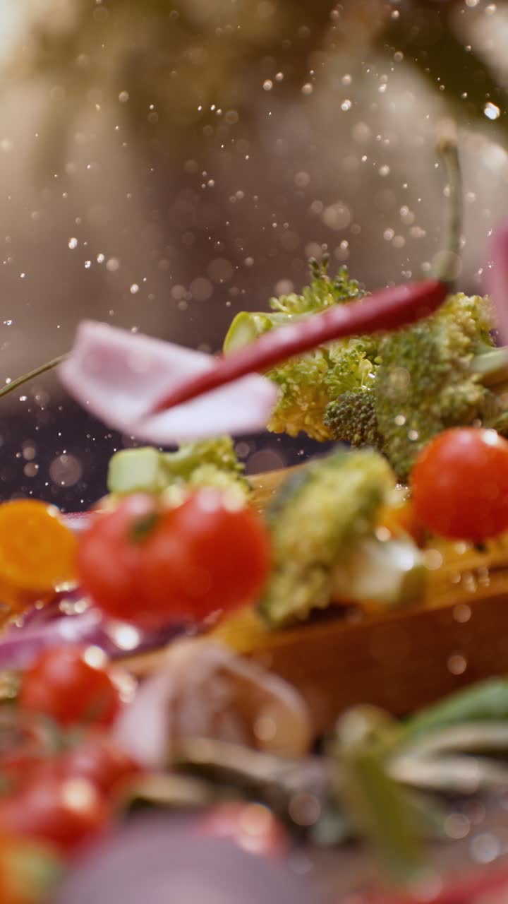 Fresh vegetables falling on wooden board