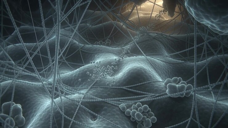 Emanating particle flow moving across membrane from backlit cavity, forming clusters on filaments