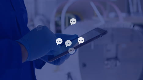 animation of network of connections with icons over caucasian male doctor using tablet