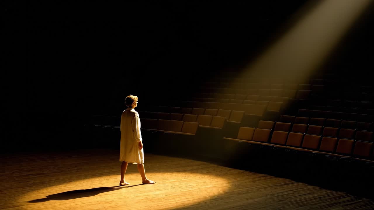 Figura solitaria de pie en el escenario vacío de un teatro