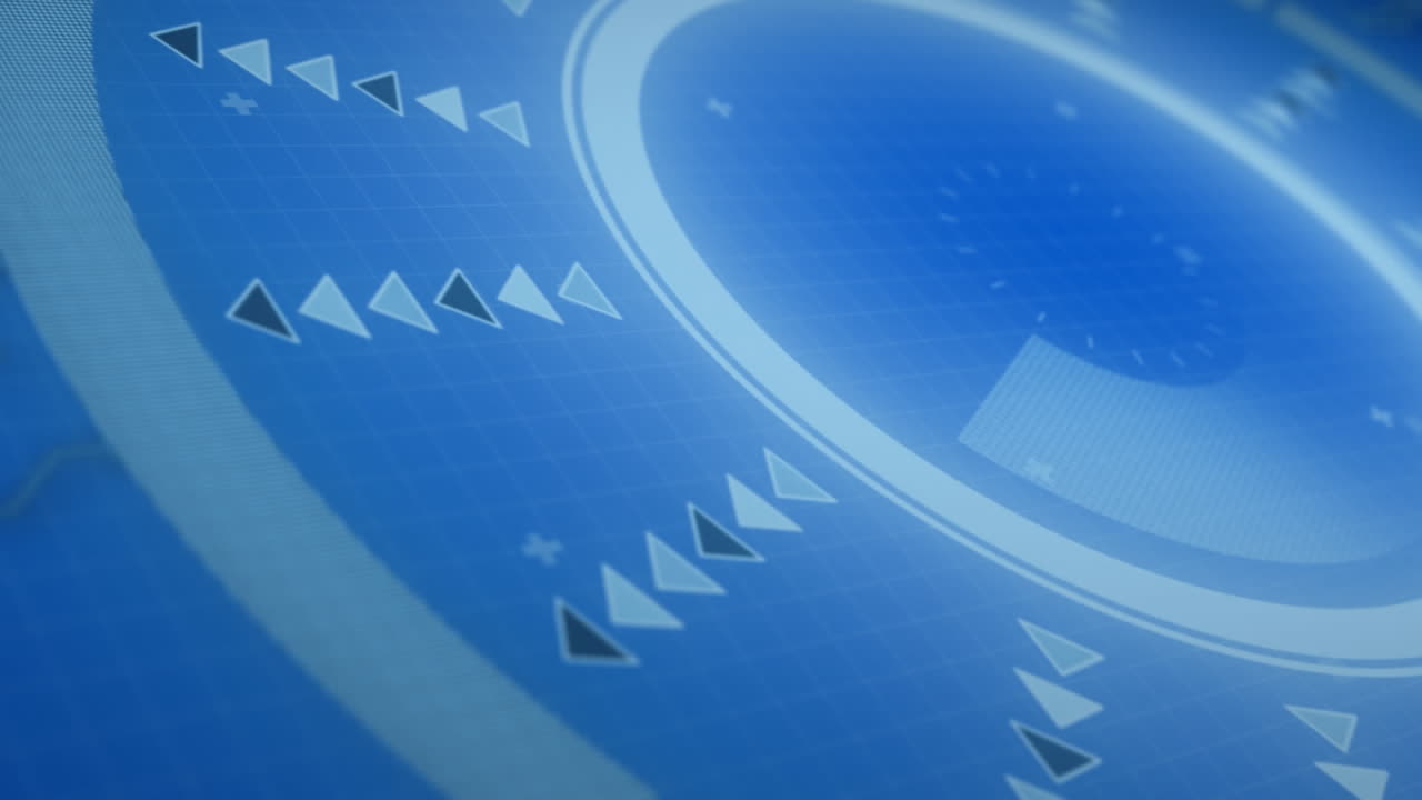 파란색 배경에 대한 둥근 스캐너와 데이터 처리 인터페이스의 애니메이션