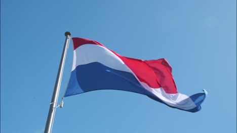 dutch red, white and blue flag waving in the wind with a blue sky in the background during a sunny day