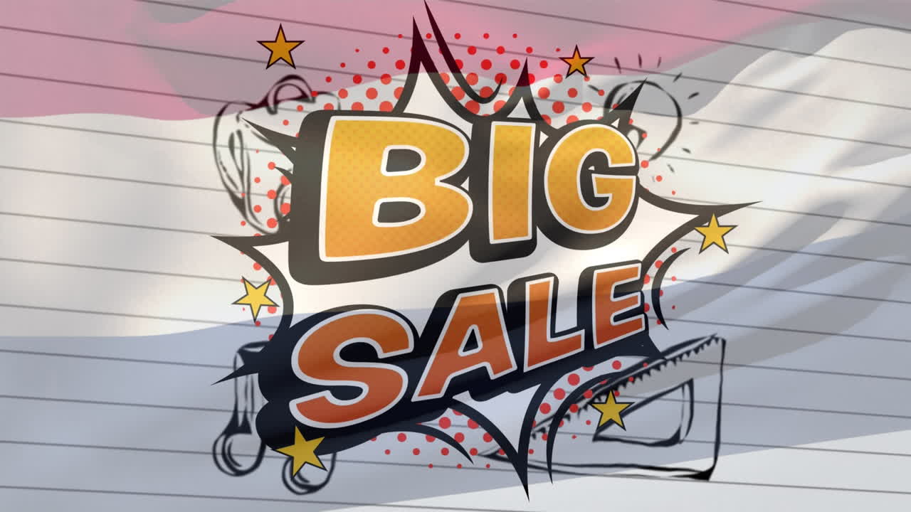 네덜란드  ⁇ 발 위에 라인 된 종이에 큰 판매 텍스트와 학교 물품의 애니메이션