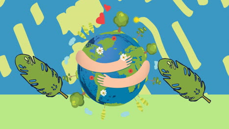 animación de brazos envueltos alrededor del globo y hojas sobre fondo azul