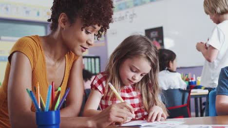 elementary school teacher giving female pupil one to one support in classroom