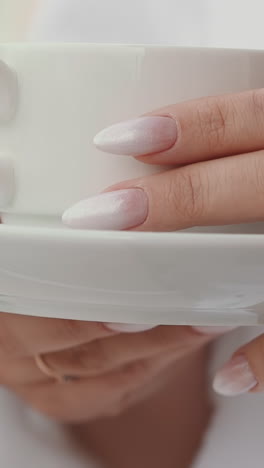 lady with elegant manicure in bathrobe holds cup of coffee in hotel room at resort extreme close view. vacation time and luxury service for guests