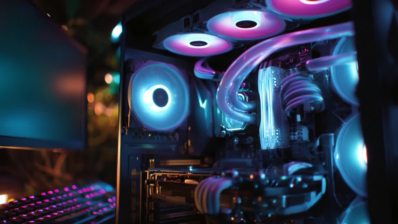 An Inside Look at a High-Performance Gaming PC with Vibrant RGB Lighting and Advanced Cooling Systems, Showcasing Its Sleek Design and Innovative Components in a Darkened Environment