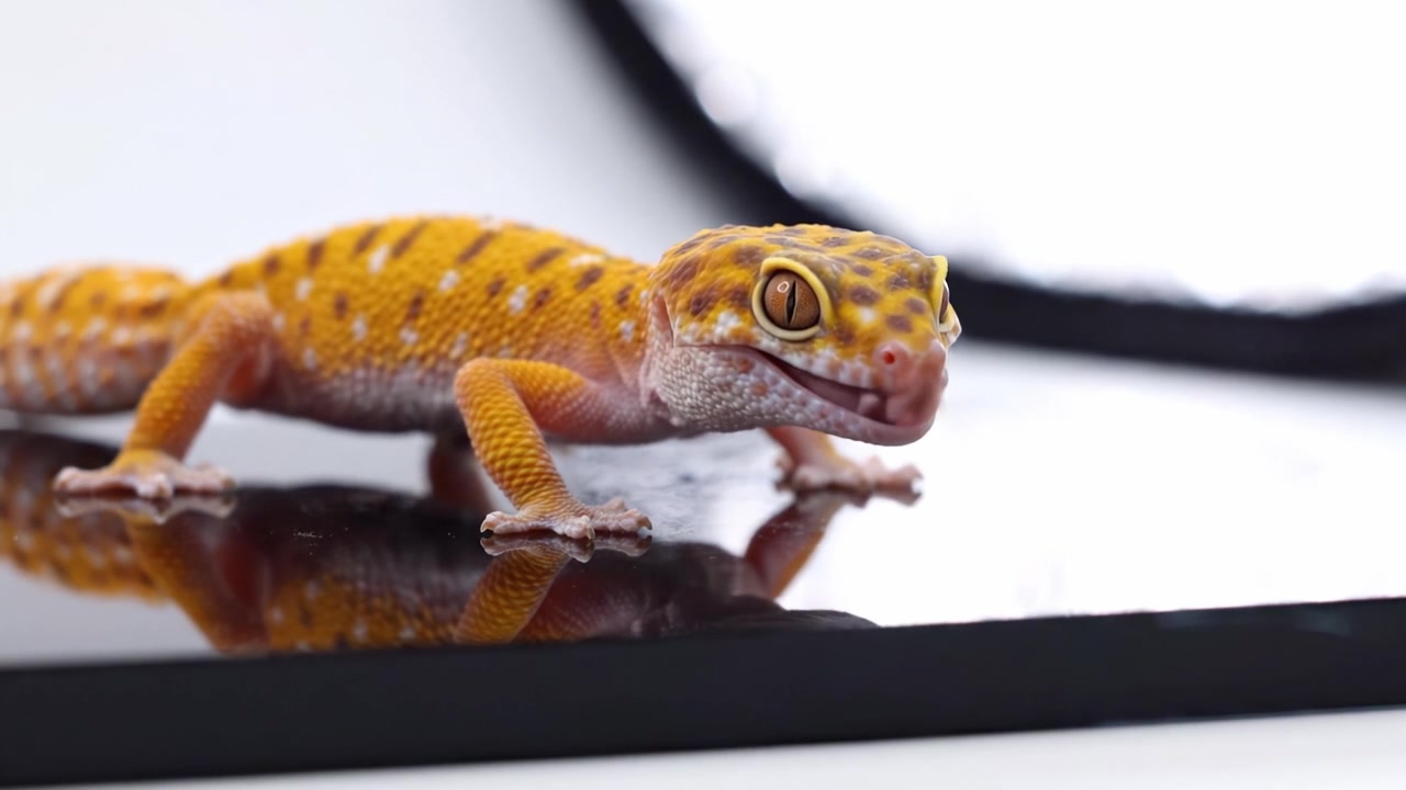 Close-Up Look at a Vibrantly Colored Leopard Gecko Walking on a Reflective Surface, Showcasing Its Unique Patterns and Textures in an Engaging and Lively Manner