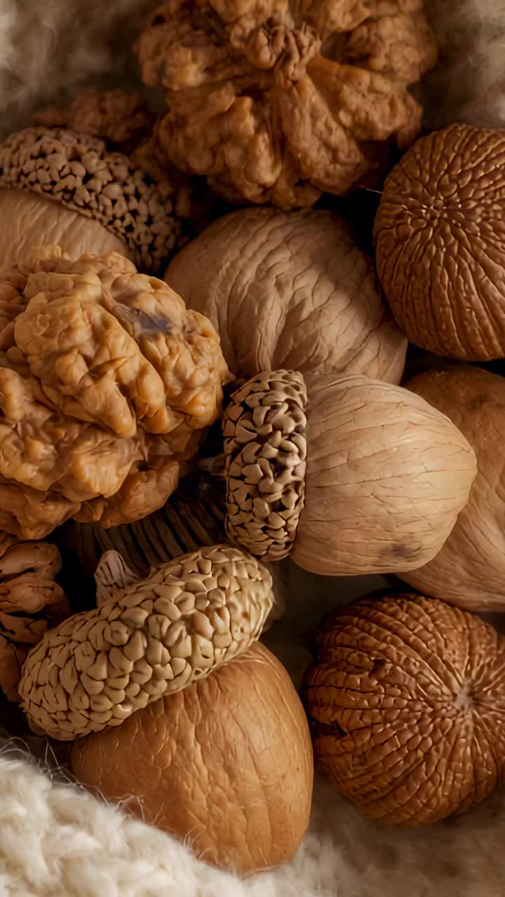 Vertical video: Camera shifting down and turning over woven bowl at home showing walnuts and pods