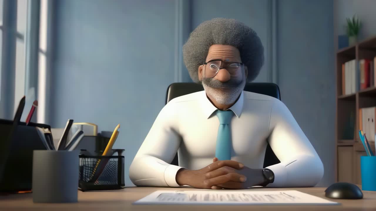 A man in a white shirt and blue tie sits at a desk with a pen and a notepad