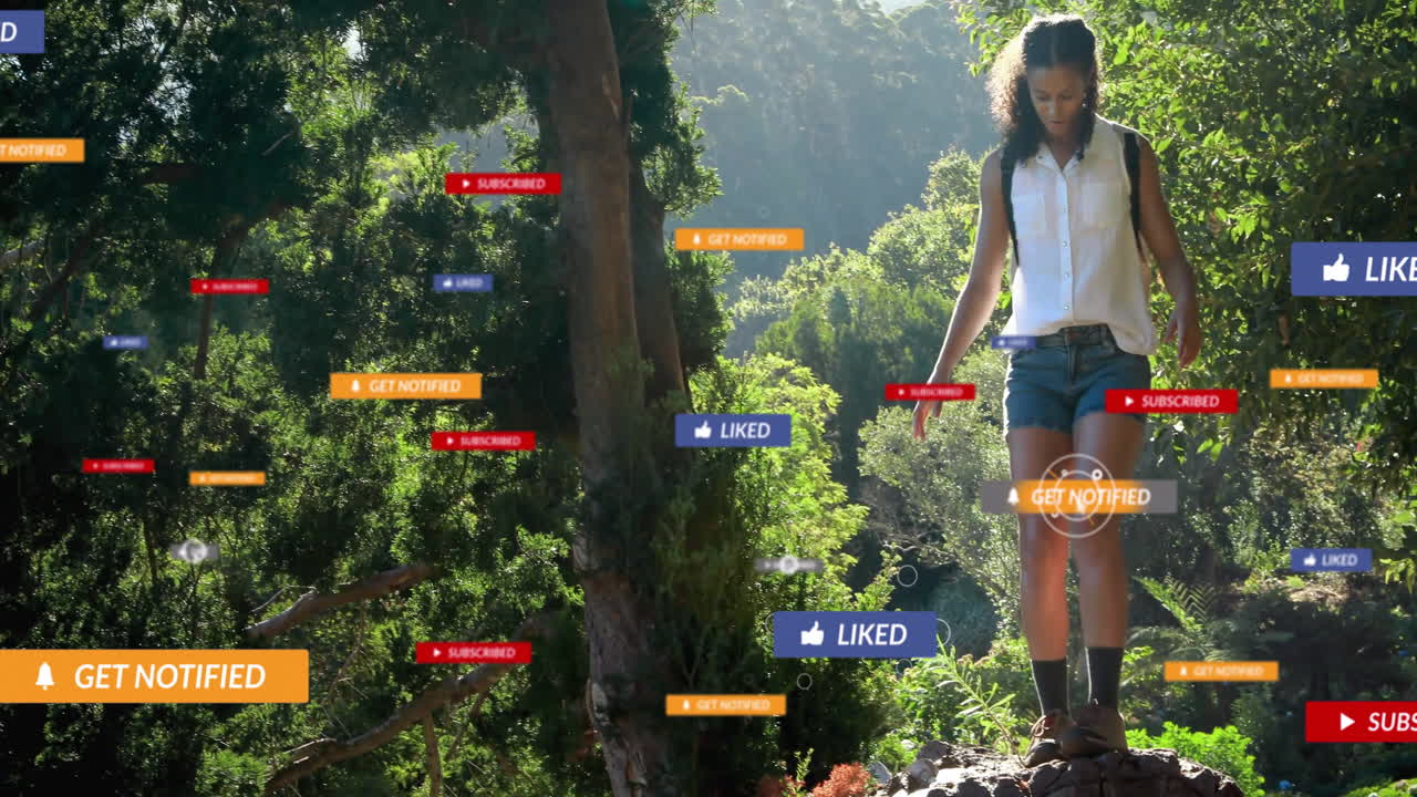 Hiking in forest, woman receiving social media notifications with animation overlay
