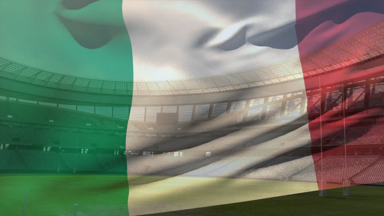 Animazione della bandiera italiana che sventola sopra uno stadio