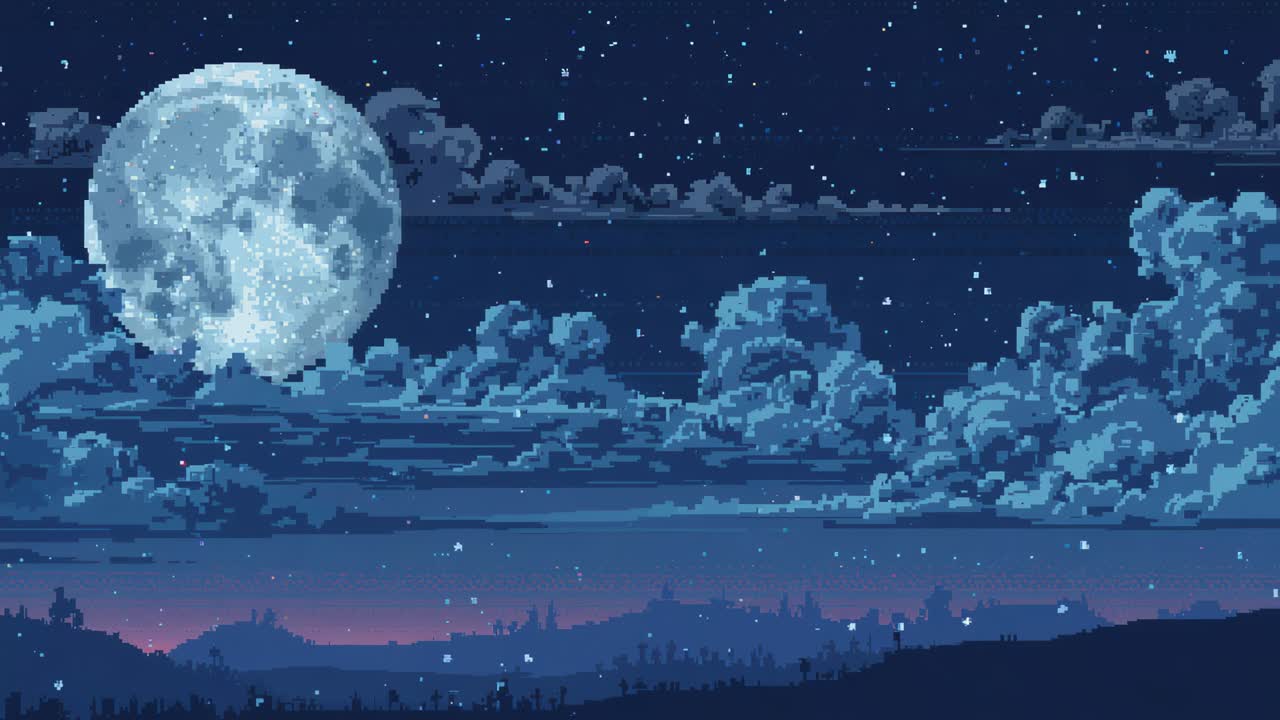 Cielo notturno pixel-art con carrellata orizzontale che rivela la luna piena, nuvole, pini che aggiungono profondità, spazio per il testo