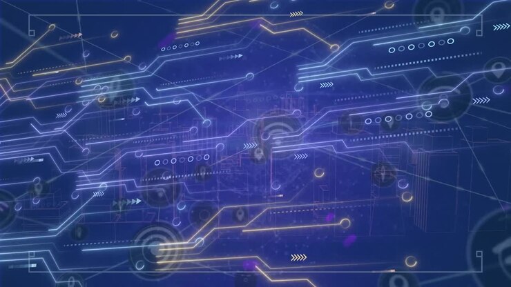 Animation of network of connections over computer circuit board on blue background