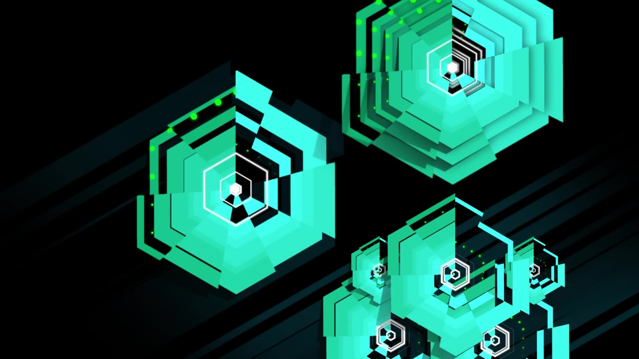 Teal pentagons rotating on black background