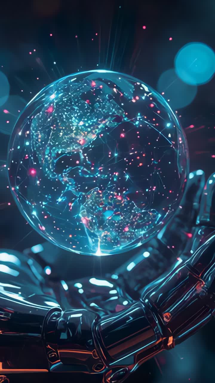 Vertical video: Showing robotic hand holding rotating hologram globe visualizing data flow in lab