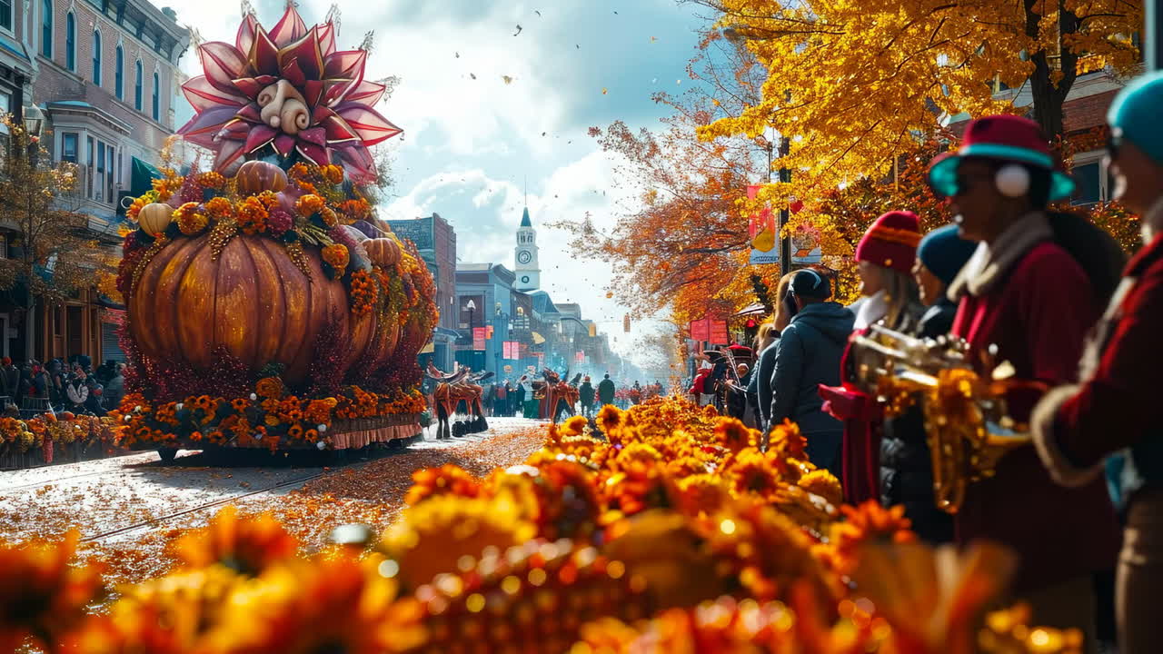 Festival de outono: desfile, música, carros alegóricos!. Um desfile animado mostra carros alegóricos coloridos e músicos em uma cidade durante o outono.