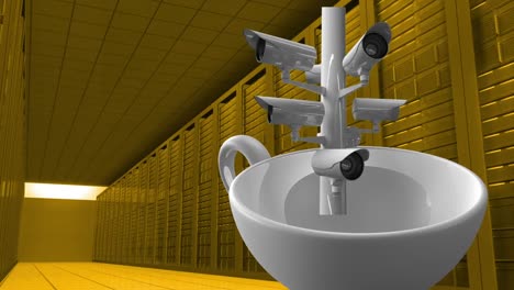 Animation-of-security-cameras-over-cup-and-server-room