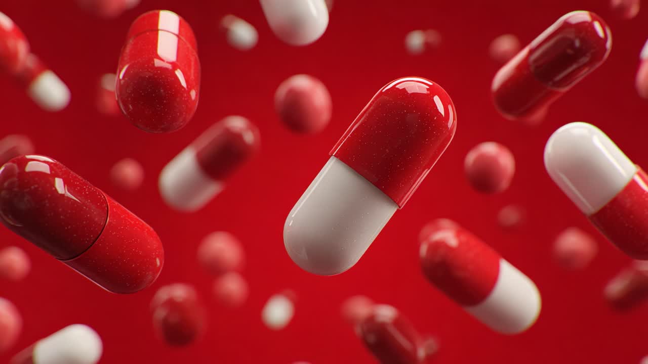 A Dynamic Display of Red and White Capsules Captured in Motion Against a Striking Red Background, Highlighting Their Texture and Design in a Vivid, Engaging Scene