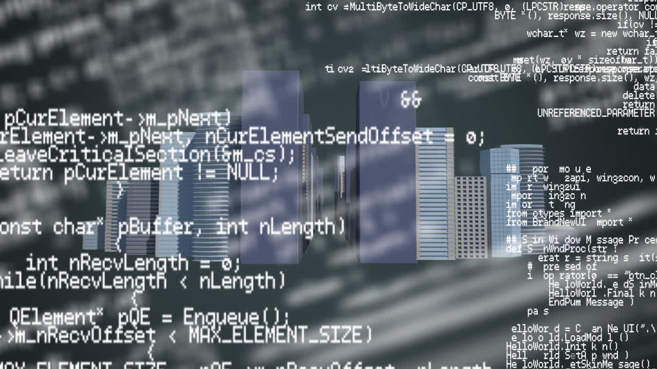 Animation of information and architectural drawing of city in grey and white on black background