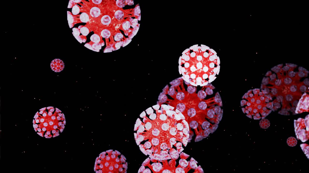 close-up tipo de coronavirus covid-19, h1n1, gripe aviar o gripe porcina se mueven suavemente en fluido representación 3d del virus como fondo de bucle microscópico microbiológico.
