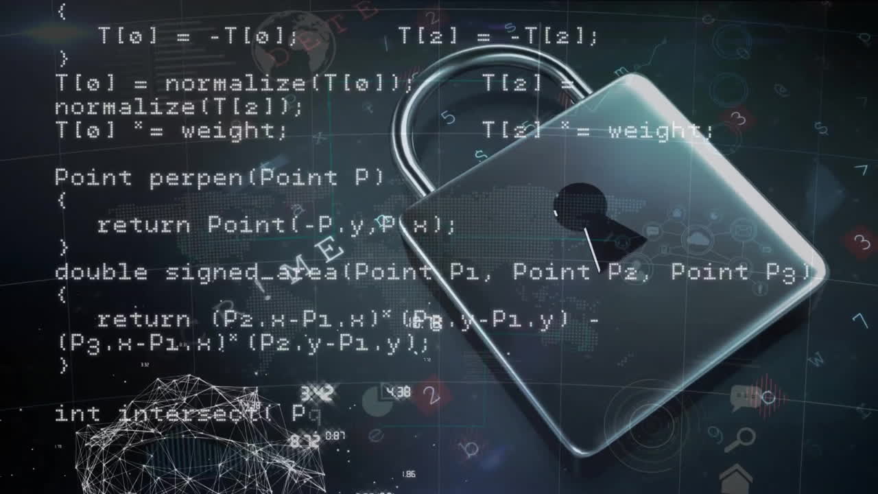 animación del candado, las conexiones y el procesamiento de datos sobre un fondo oscuro