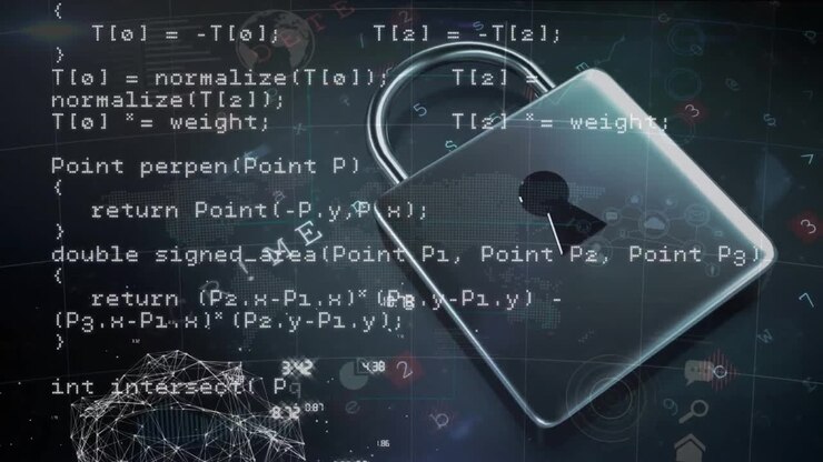Animation of padlock, connections and data processing over dark background