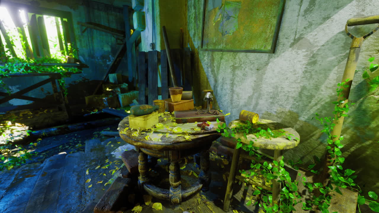 Old workshop filled with greenery and forgotten tools in a rustic setting