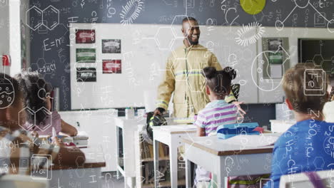 animation of chemical formula over diverse schoolchildren learning with male teacher in classroom