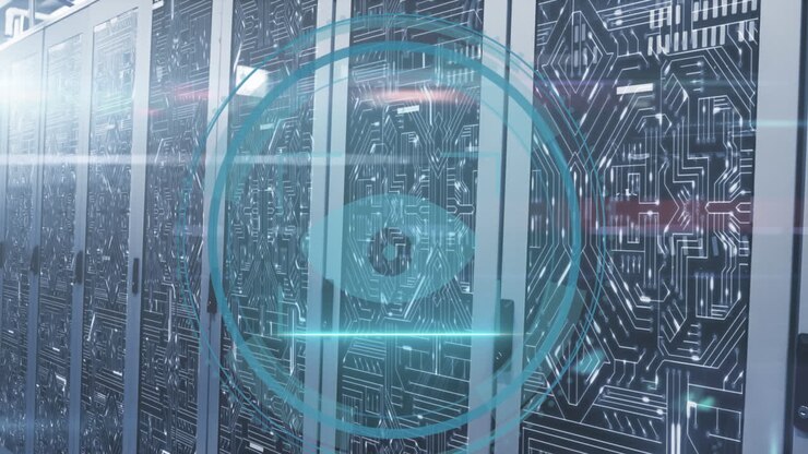 Animation of cyber security text, eye retina scanner, microprocessor connections against server room