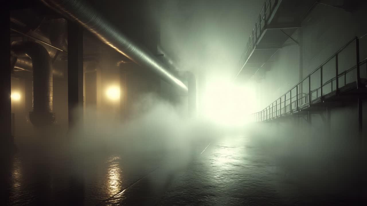 Mysterious Industrial Environment with Fog and Dim Lighting: A Journey through a Dark Passageway Revealing a Bright Exit Surrounded by Low Visibility