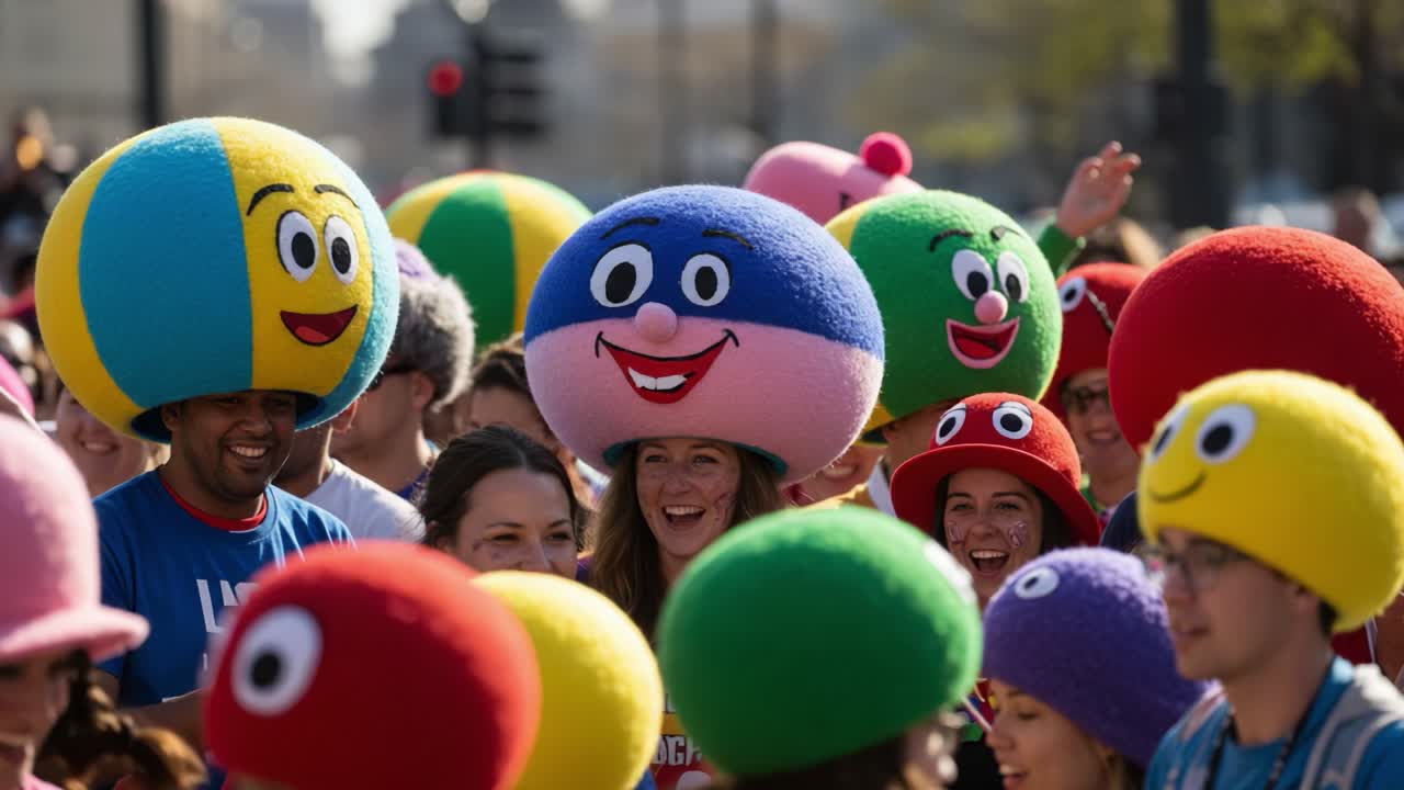 A Colorful Gathering of People in Whimsical Hats Celebrating Joy and Camaraderie at an Outdoor Event, Showcasing Lively Expressions and Vibrant Colors