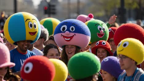 a colorful gathering of people in whimsical hats celebrating joy and camaraderie at an outdoor event, showcasing lively expressions and vibrant colors