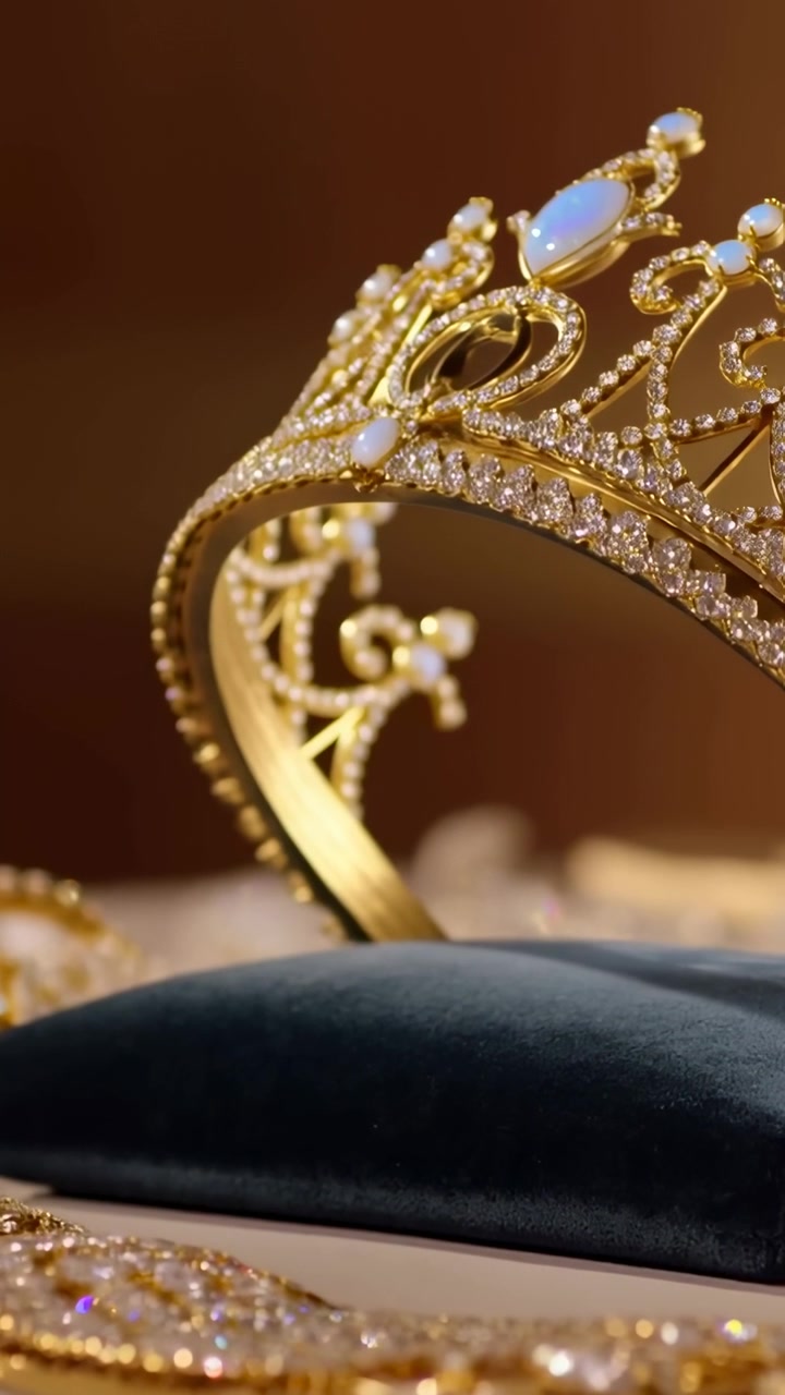 Video verticale: Telecamera che si inclina rivelando una tiara d'oro su un cuscino di velluto color ottanio, mettendo in mostra pietre d'opale.