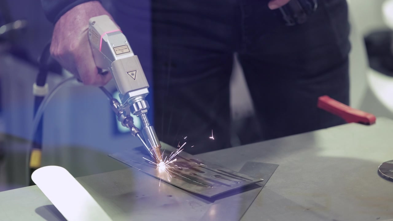 Operaio che utilizza uno strumento di saldatura laser portatile su lamiera.