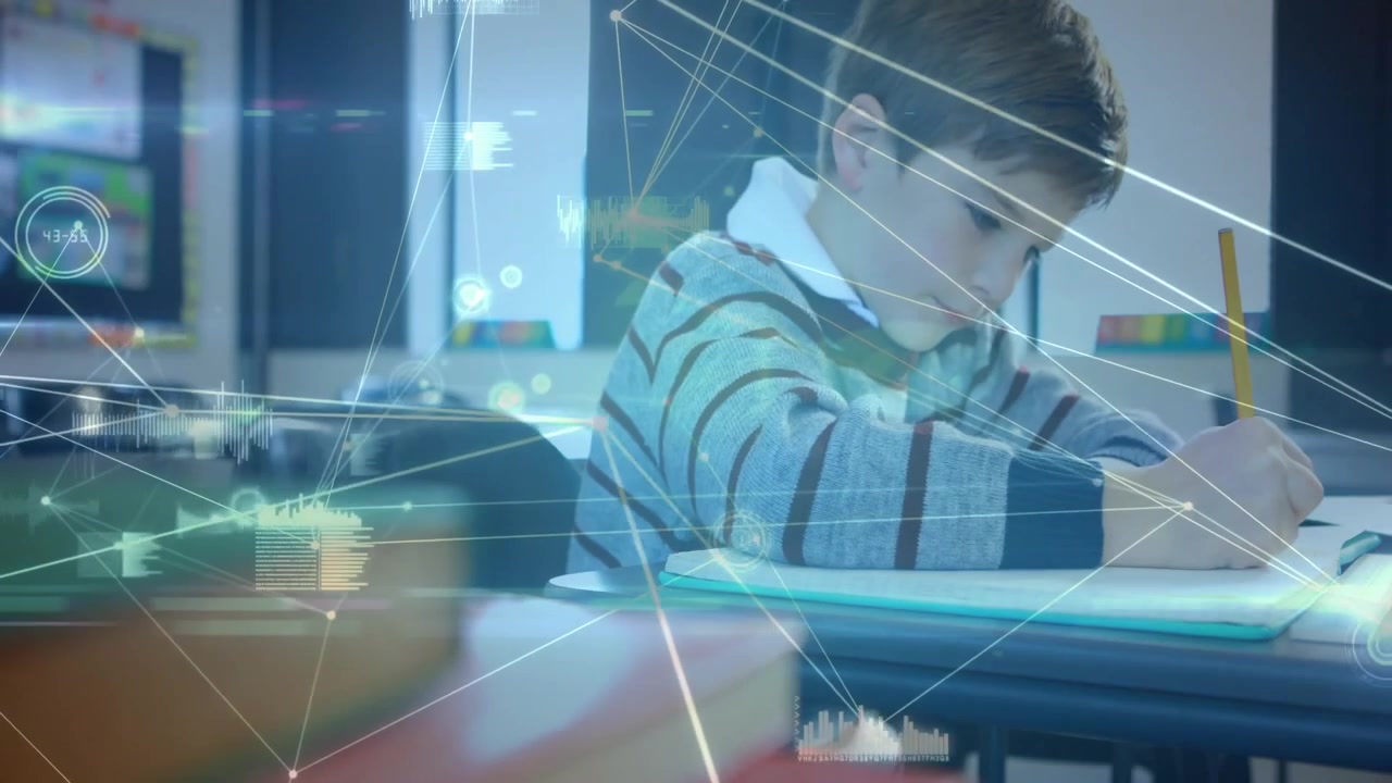 Boy writing notes while network lines emerging over books and pulsing data charts aiding study