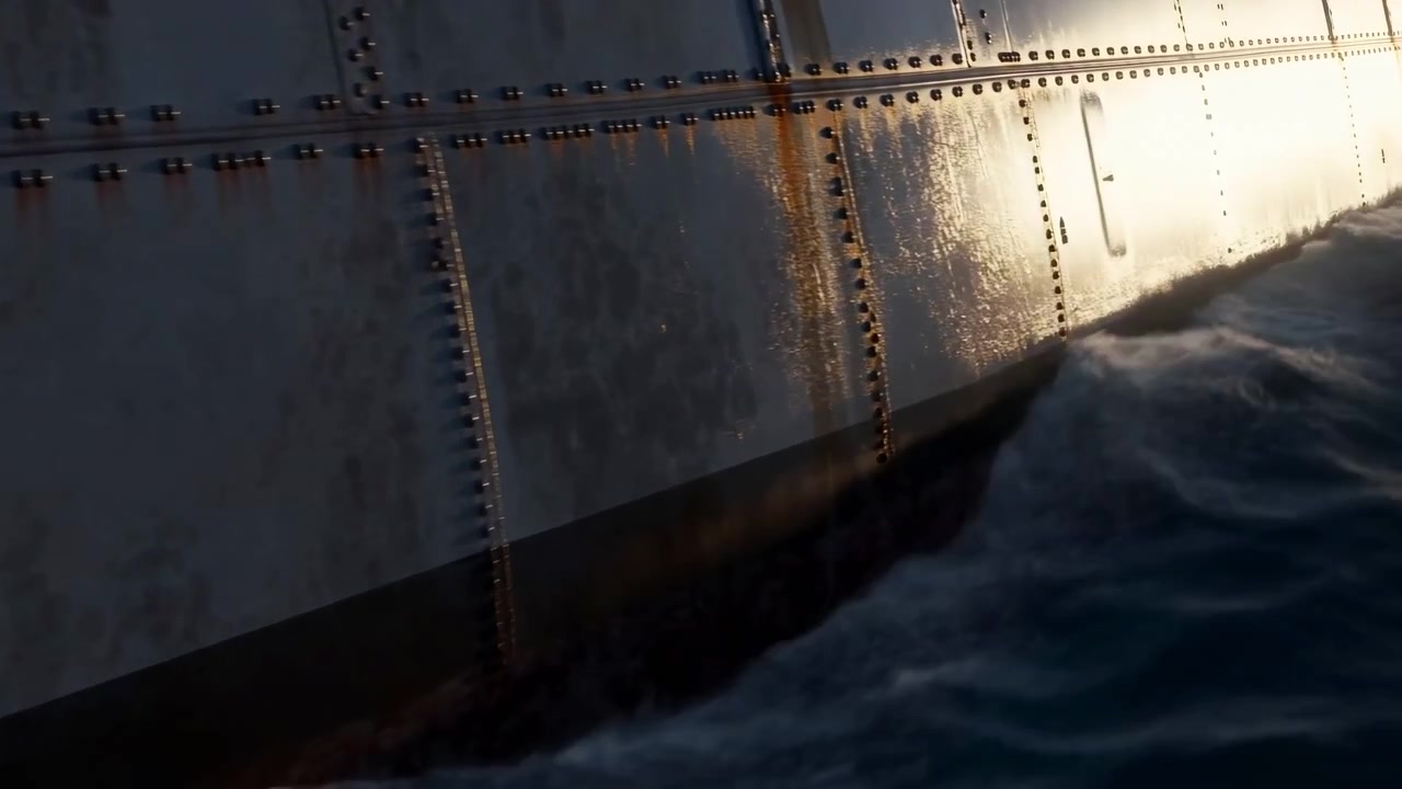 Close-up of a dark riveted metal hull moving across rough water with bright sunlight reflecting on the surface and spray foaming along the side