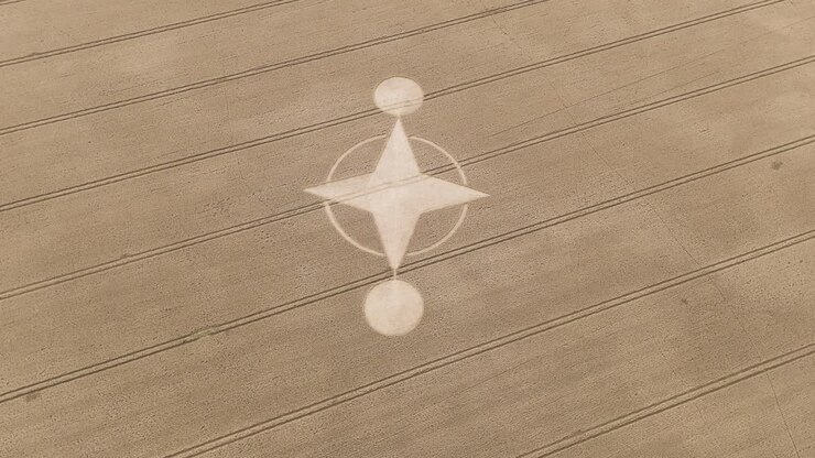 Brown agricultural wheat field with unexplained crop circle