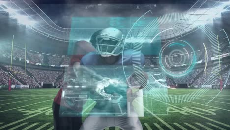 animation of data processing over diverse male rugby players playing at stadium