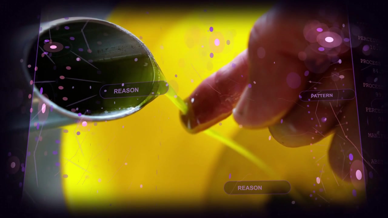 Entering red nail finger pulling green thread from spoon collecting droplet in macro REASON PATTERN
