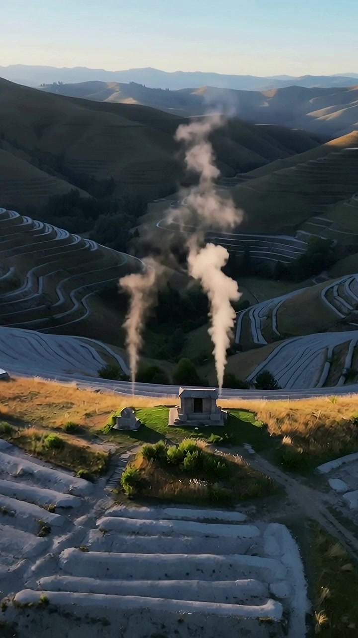 Video verticale: Dalle creste si innalzano doppie colonne di fumo dai camini sopra i campi per il riscaldamento.