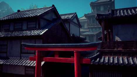 traditional japanese houses and torii gate