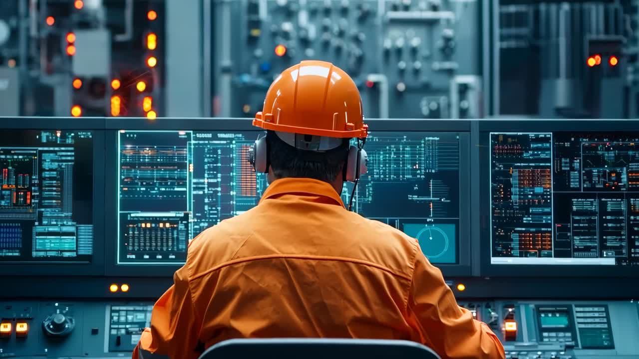 A man in an orange hard hat sitting at a control panel in a factory