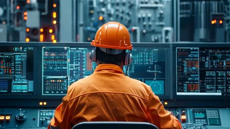 un hombre con un sombrero fuerte naranja sentado en un panel de control en una fábrica