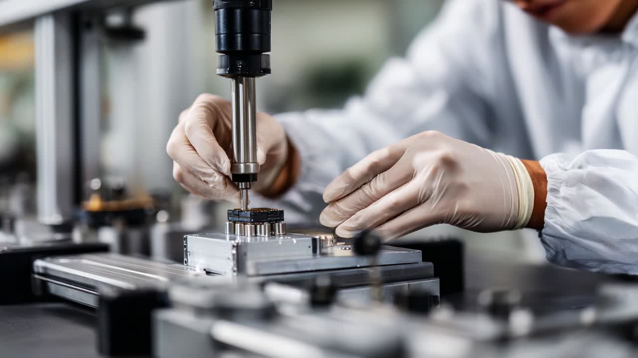 Precision Manufacturing in Action: A Skilled Technician Carefully Employs Advanced Tools to Inspect and Assemble Components in a Controlled Environment, Highlighting the Importance of Quality Control and Expertise