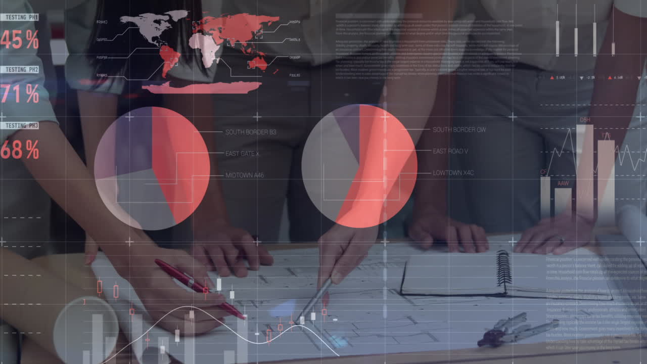 Animation of statistics and financial data processing over business people in meeting