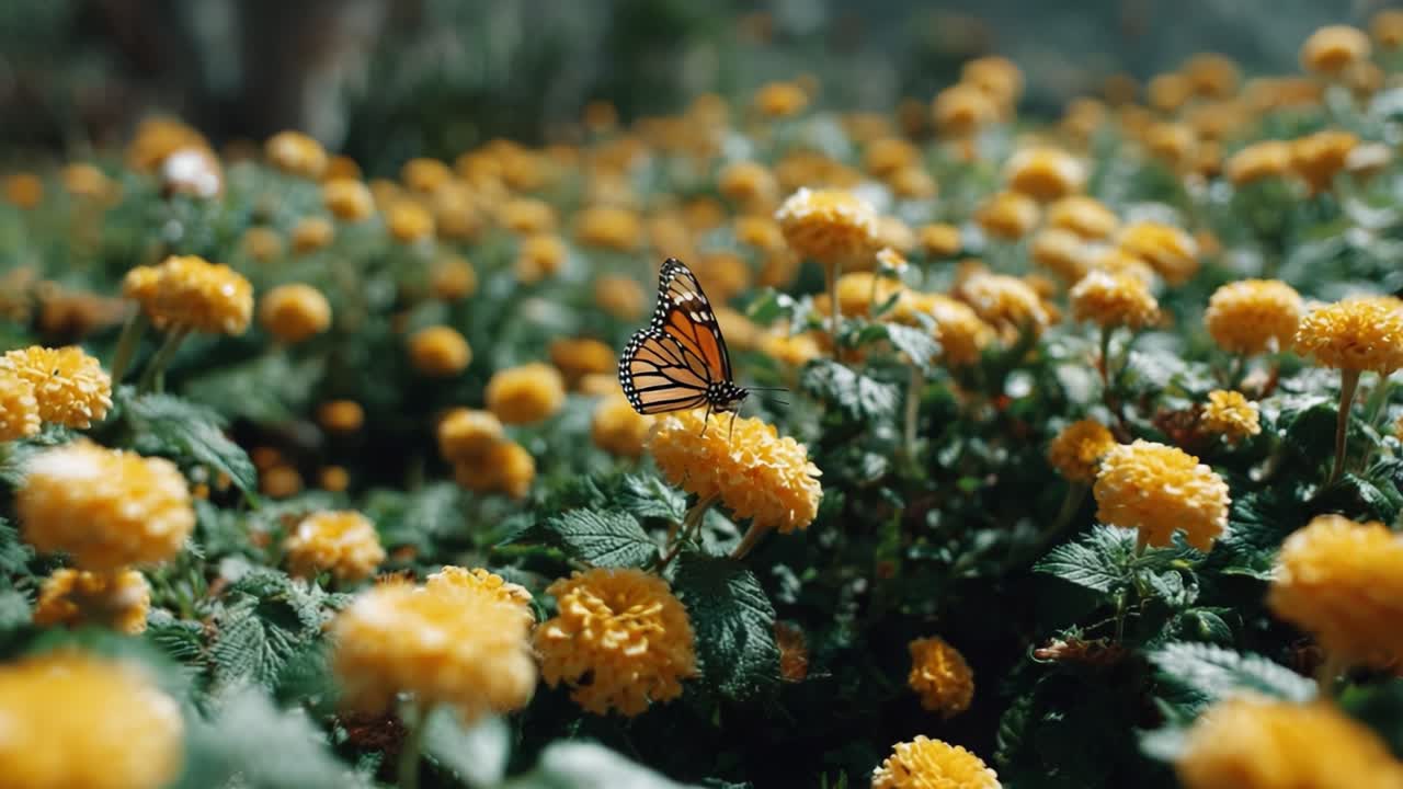 A Monarch Butterfly Delicately Perched on Bright Yellow Marigold Flowers, Capturing the Essence of Nature's Beauty in a Vibrant Floral Landscape