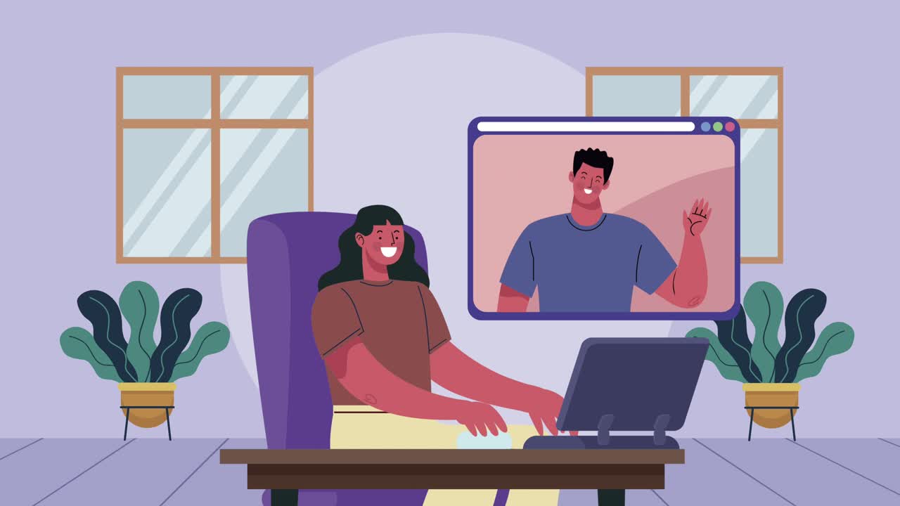 video conference animation with couple in laptop