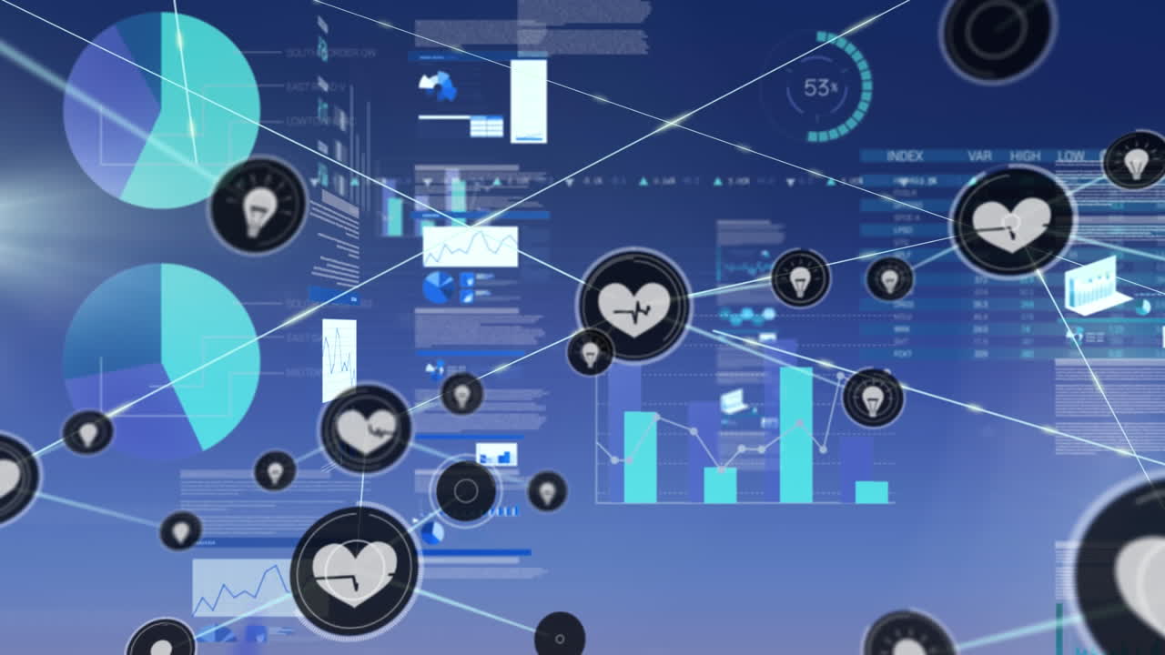 파란색 배경에 데이터 처리를 하는 스크린 위의 디지털 아이콘 네트워크의 애니메이션
